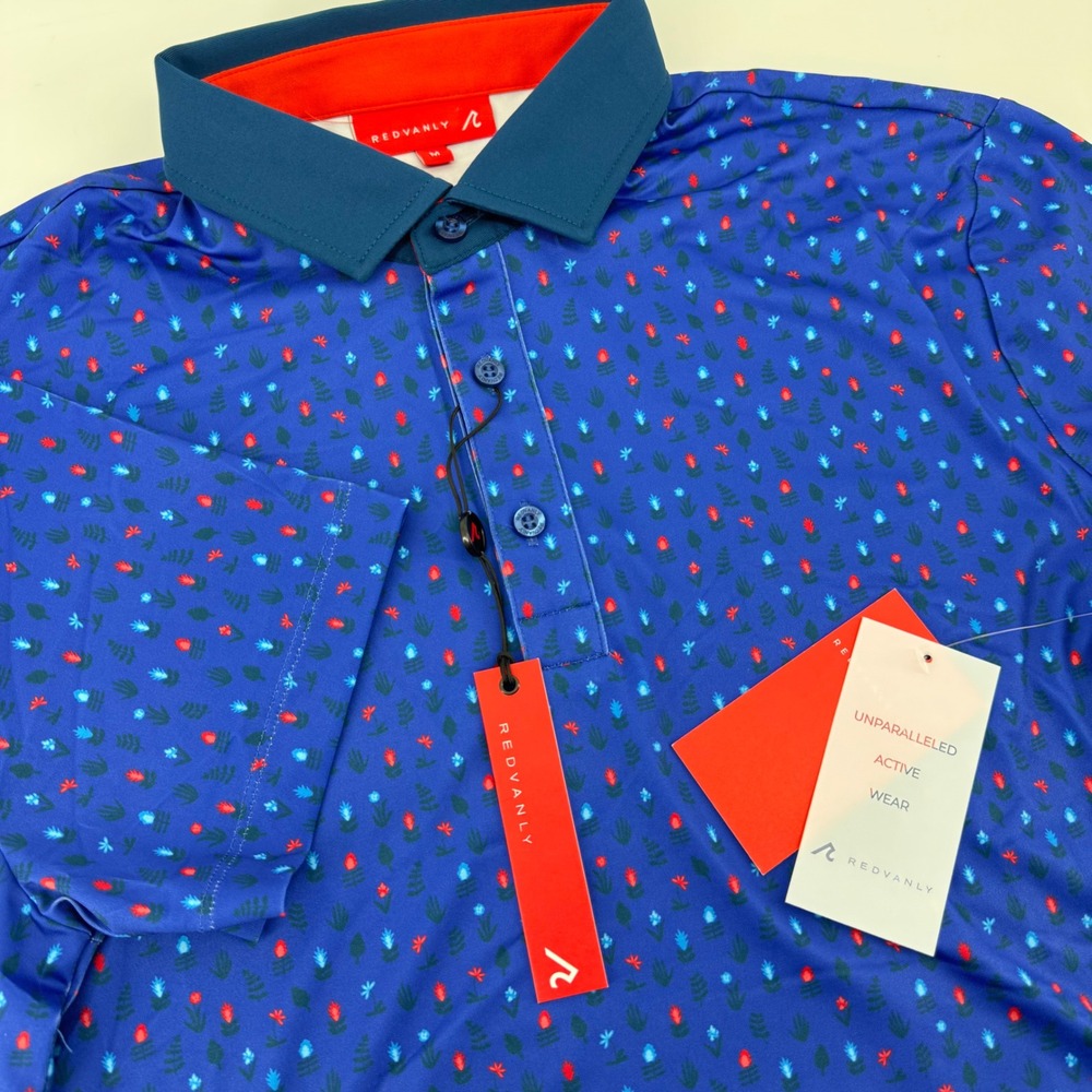 Redvanly Ashland Polo Mens Medium Olympic Blue Floral Print PUREpoly R2312 NEW